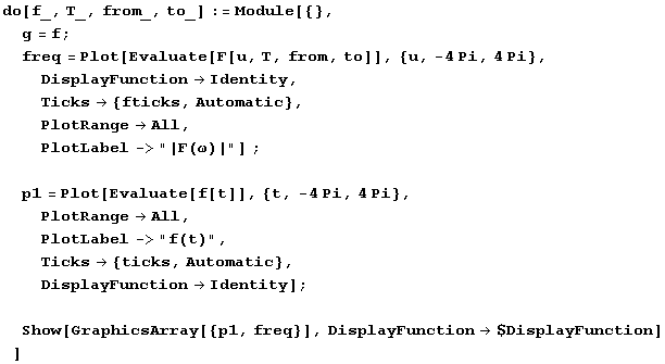 do[f_, T_, from_, to_] := Module[{}, g = f ; freq = Plot[Evaluate[F[u, T, fr ... 62371;Show[GraphicsArray[{p1, freq}], DisplayFunction$DisplayFunction] ]