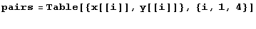 pairs = Table[{x[[i]], y[[i]]}, {i, 1, 4}] <br />