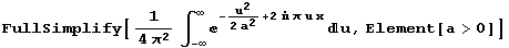 FullSimplify[1/(4 π^2) ∫_ (-∞)^∞^(-u^2/(2 a^2) + 2  π u x) u, Element[a>0]]